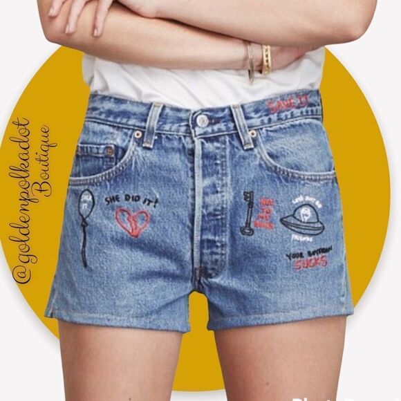 REDONE Reformation Vintage Levi’s embroidered high rise jean shorts size 26 NWT - Picture 4 of 14